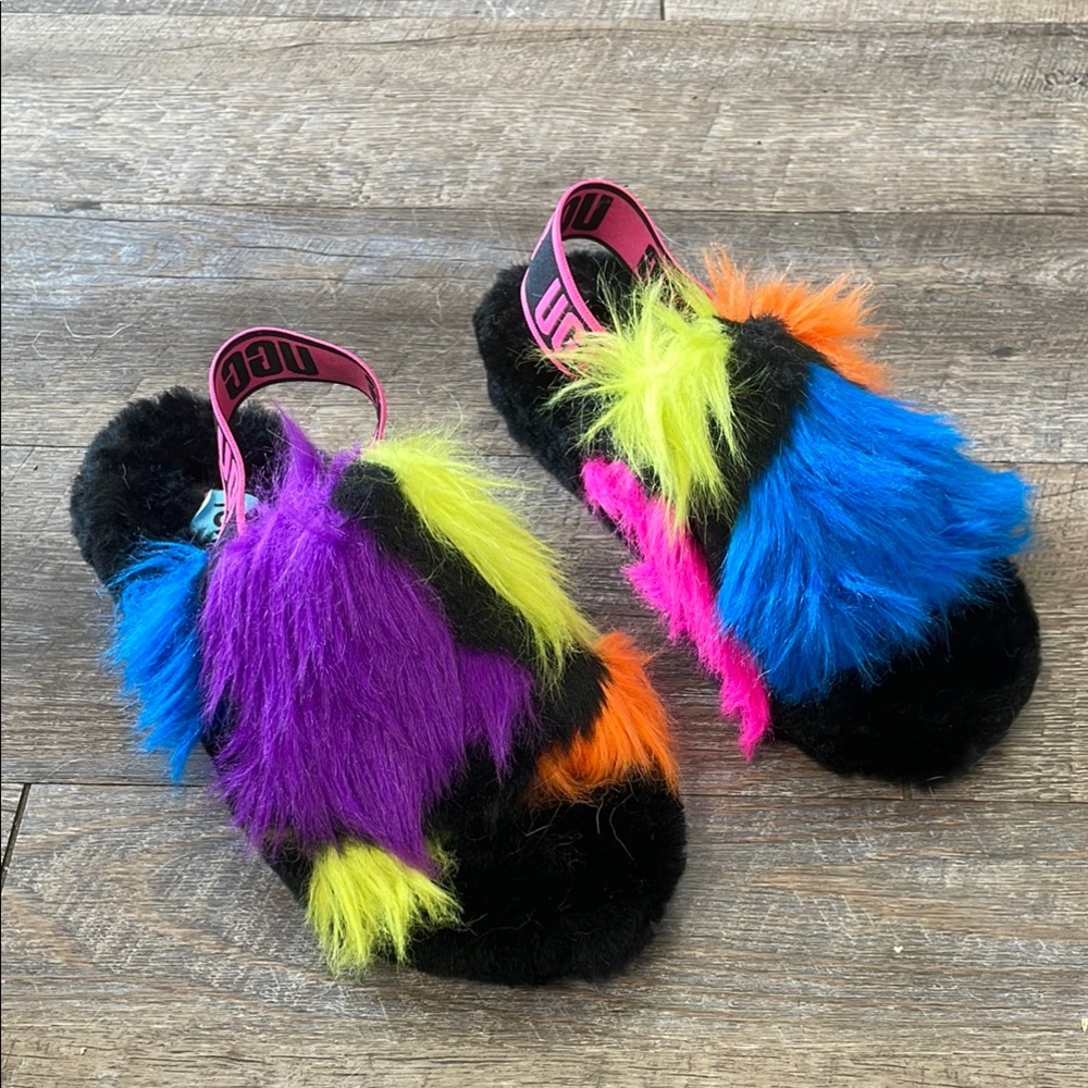NWT UGG FLUFF YEAH Furry Slingback Slippers Sandals Neon Multicolor Party Spots